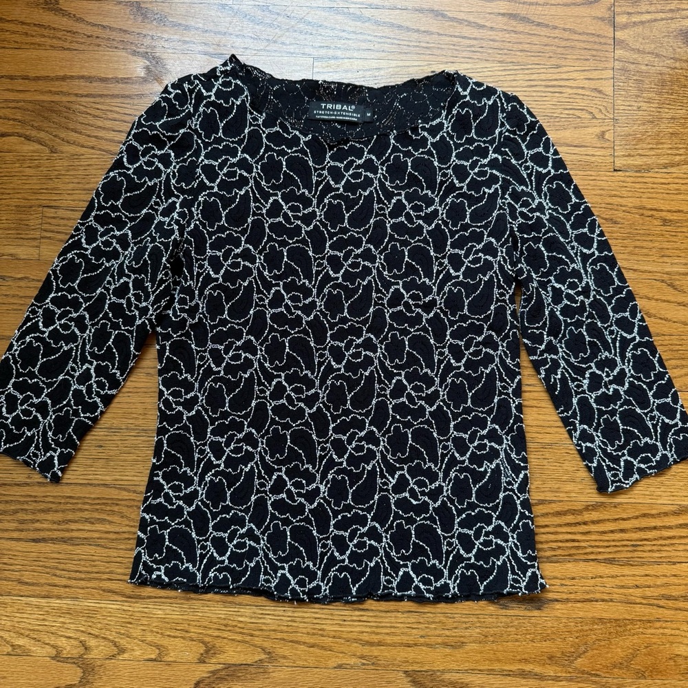 Tribal 3/4 Sleeve Black Top with White Beading